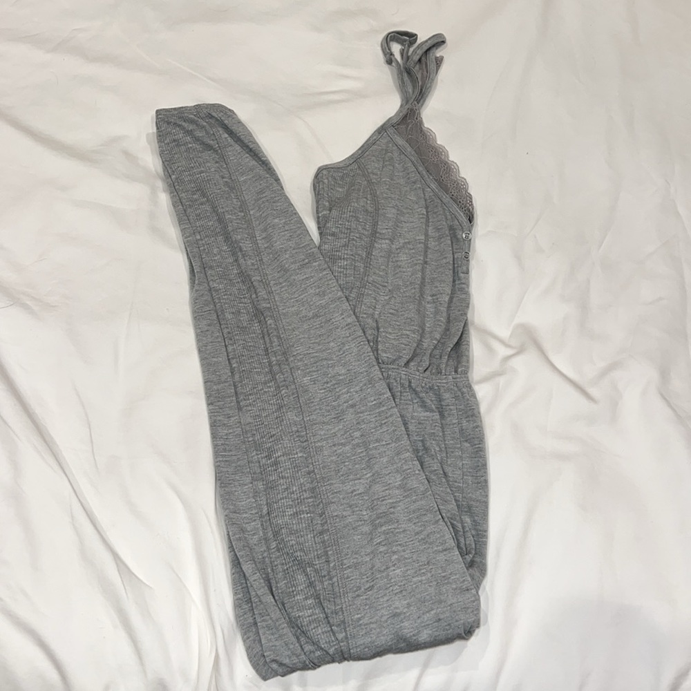 Splendid Gray Ribbed Lace-Trim Sleep Jumpsuit